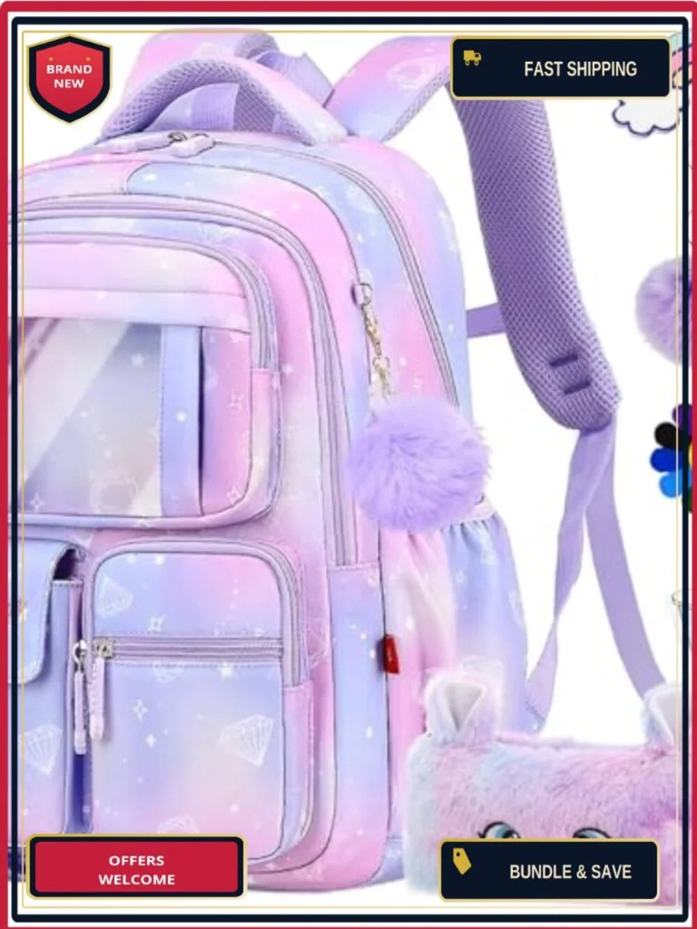 Large Capacity Waterproof Nylon School Backpack for Girls with Plush Pencil Case